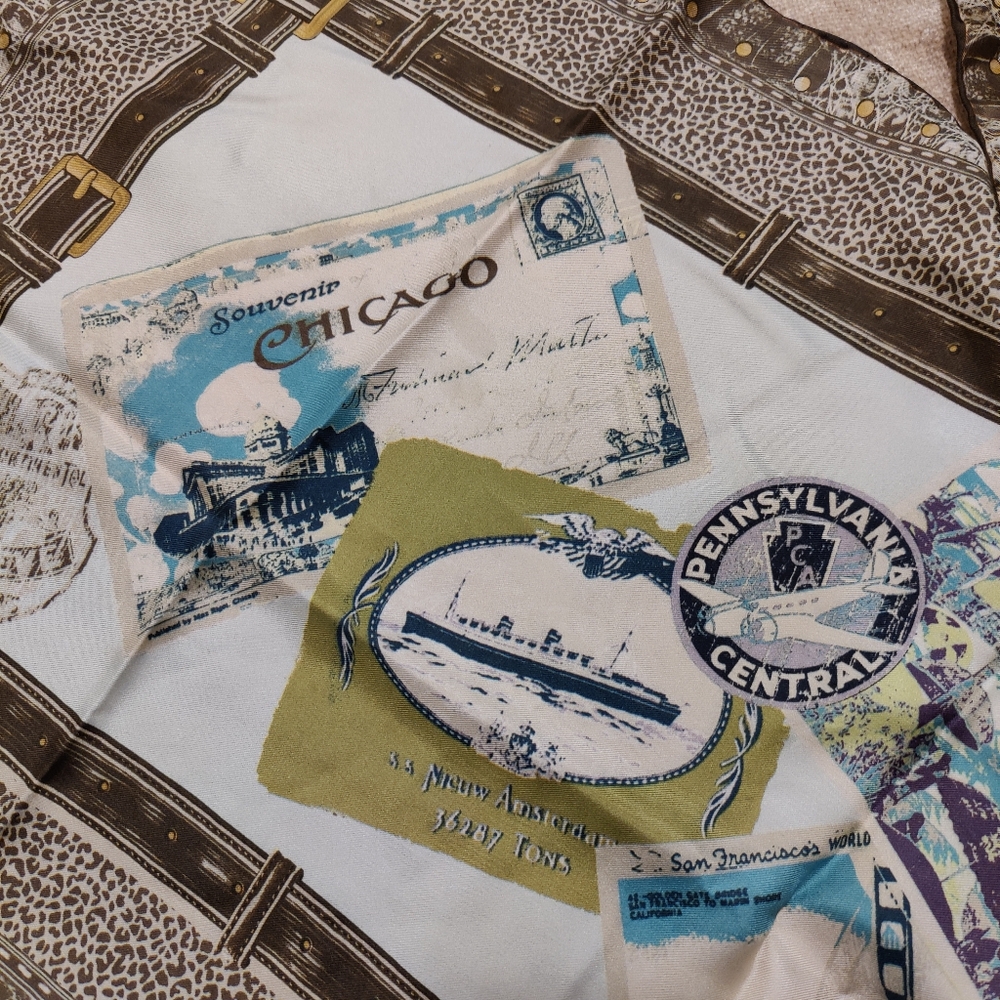 Vintage Talbot's Travel Postcards Luggage Themed Print Silk Scarf, 17" X 66" - Picture 2 of 8